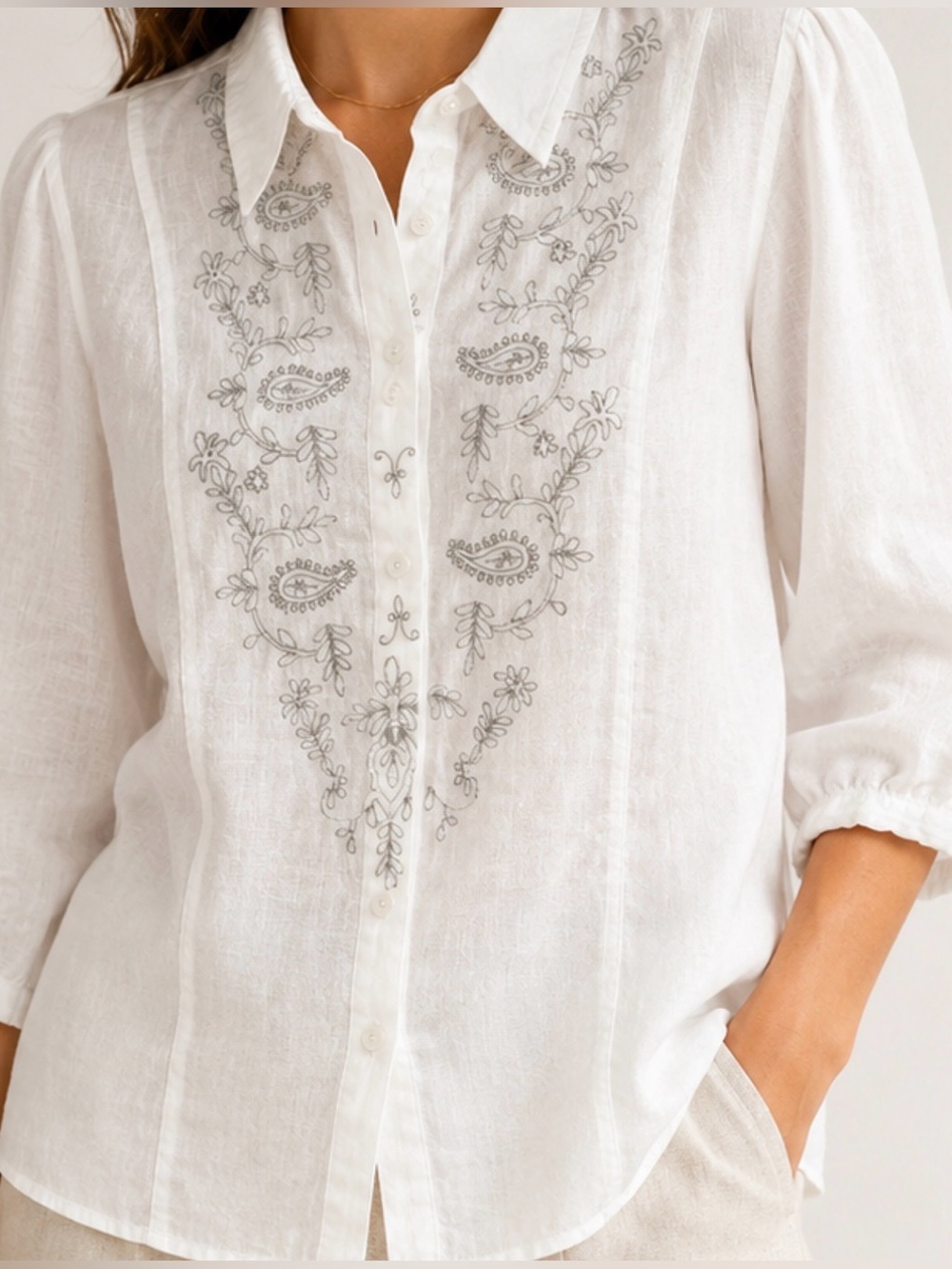 Avenue 14/16 linen white paisley embroidered plus size Lagonlook button blouse
